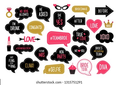 Wedding And Bachelorette Party Photo Booth Props Set. Bridal Shower Photobooth Props. Speech Bubbles With Hen Night Quotes - Team Bride, Bridesmaid, She Said Yes. 