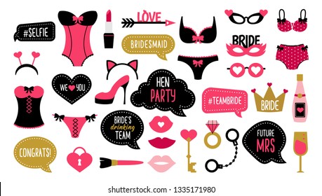 Wedding And Bachelorette Party Photo Booth Props Set. Bridal Shower Photobooth Props. Speech Bubbles With Hen Night Quotes - Team Bride, Bridesmaid, She Said Yes. 