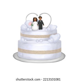 Wedding Cake With Figures Of The African American Bride And Groom. Hand Painted Watercolor Wedding 
Two Tiered Cake With Golden Decorations, Hearts And African American Couple. Isolated On White.