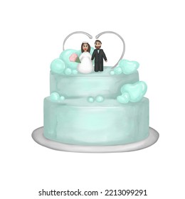 Wedding cake with figures of the bride and groom. Hand painted watercolor turquoise wedding two tiered cake with a cute couple in wedding dress and suit. White background - Powered by Shutterstock