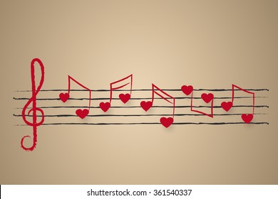 Wedding Card Or Holiday Greeting Design With Sheet Music With Heart Shaped Musical Notes