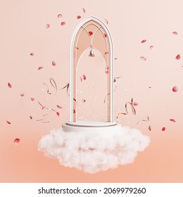 Wedding Celebration Podium Stage Arch Bell Rose Gold Petals Rose Ceremony Confetti After Party Ring Floating Clouds Concept Gothic Church Luxury Stand Product Display Sweet Romantic. 3D Illustration.