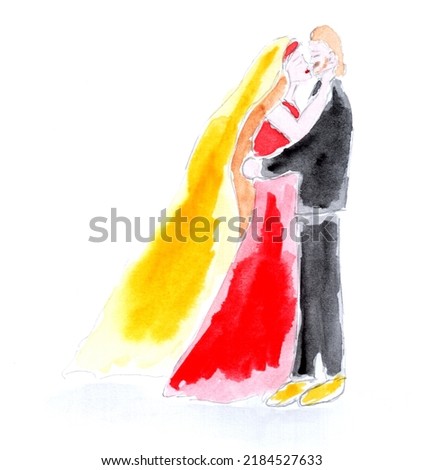 Wedding ceremony, kiss of lovers. Bride and groom, couple in love. Wedding illustration. Watercolor, art decoration, sketch. Hand drawn modern new
