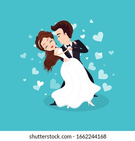 Wedding ceremony party raster, man and woman celebrating special day in life, bride and groom dancing, hears and loving atmosphere of event flat style - Powered by Shutterstock