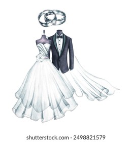 Wedding composition with the bride's dress, the groom's tuxedo and wedding rings. Handmade watercolor illustration. For greeting and invitation cards, banners, flyers and posters, packaging, labels. - Powered by Shutterstock