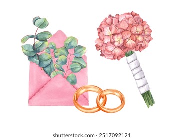 Wedding composition with gold rings, pink envelope, bridal bouquet Wedding rings. Bouquet with hydrangea and eucalyptus. Silver dollar greenery. Watercolor illustration isolated on white - Powered by Shutterstock