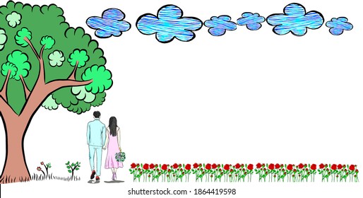 Wedding concept.Men embrace beloved woman,holding rose bouquet.Line drawn,couple of love,decoration frame with natural background,creative with illustration in flat design,free space for your text. - Powered by Shutterstock