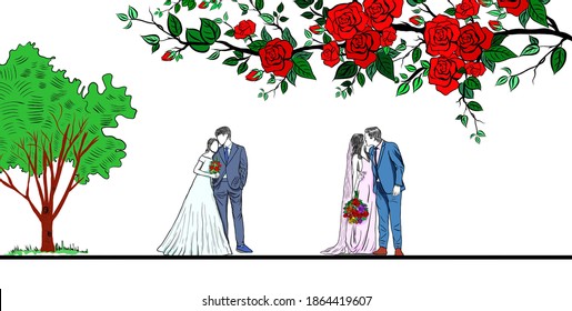 Wedding concept.Men embrace beloved woman,holding rose bouquet.Line drawn,couple of love,decoration frame with natural background,creative with illustration in flat design,free space for your text. - Powered by Shutterstock