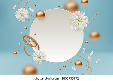 Wedding Concept Illustration. Modern abstract banner with flower, wedding rings and gold decor elements. Realistic 3d illustration