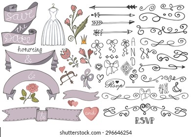 Wedding decor elements set.Bridal shower.Doodles ribbon banner,dress,flowers,swirl border,arrow,heart.Hand drawing decoration.For design templates,invitations,save date,RSVP,Valentine day.Illustration - Powered by Shutterstock