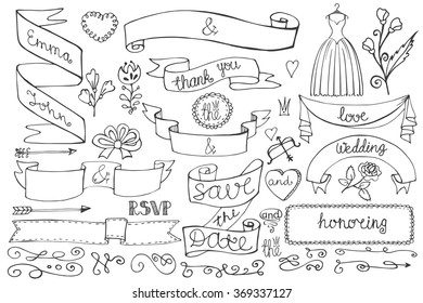 Wedding decorations.Doodles swirl border,love decor elements set.Vintage design template,invitation,save date,RSVP.Hand drawing style.Wedding,Valentine ,bridal shower decor elements set,Illustration - Powered by Shutterstock