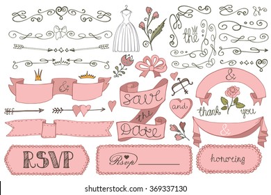 Wedding decorations.Doodles swirl border,love decor elements set.Vintage design template,invitation,save date,RSVP.Hand drawing style.Wedding,Valentine ,bridal shower decor elements set,Illustration - Powered by Shutterstock