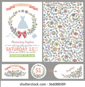 Wedding design template set with flowers decor.Bridal shower.Dress,pink ribbon,pattern background.For invitation,thank you,save date,tag,number.Vintage floral card.Pastel colors.Retro - Powered by Shutterstock