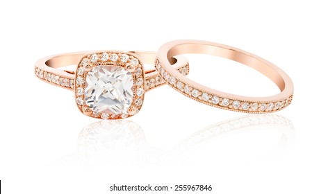 Wedding Diamond Rose Gold Ring Isolated On White Background