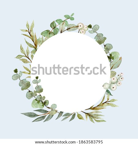 
Wedding eucalyptus design frame, banner. Rustic greenery. Mint, blue tones. Watercolor eucalyptus border, wreath Hand painted branch, snowberry and leaves isolated on white background