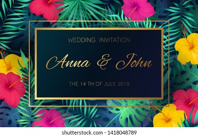 Wedding event invitation card. Poster marriage exotic tropical flowers jungle leaves palm frame decoration invite banner date - Powered by Shutterstock