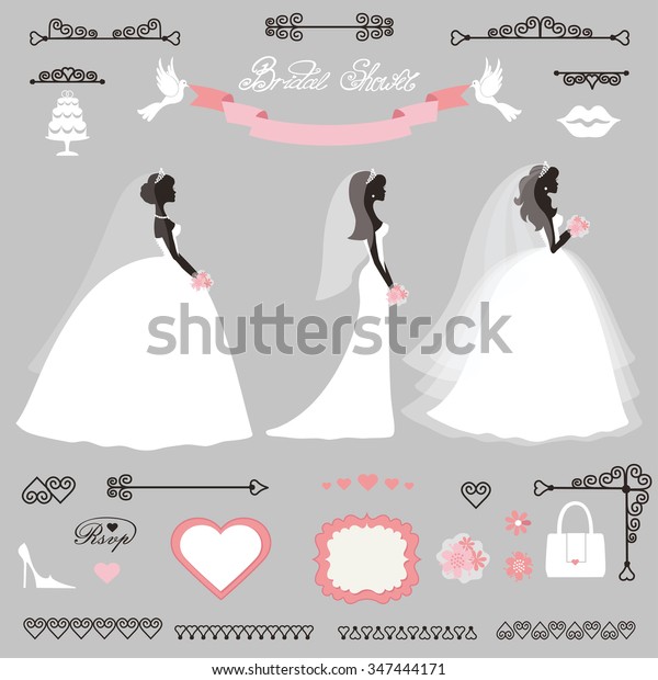  Wedding  fashion.Bride in Different dress\
style.Bridal shower decor set.Cartoon girl,woman\
silhouette,portrait,vintage Swirling borders,\
ribbon,icons,label.Invitation Design flat,template\
kit.