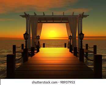 wedding gazebo on the wooden pier into the sea with the sun at sunset - Powered by Shutterstock