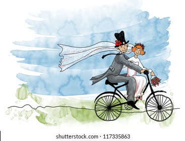 Wedding greeting card. Groom and bride on a bicycle