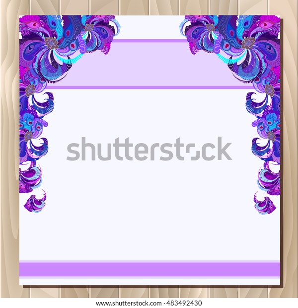 Wedding guest list\
for table. background peacock feathers. Violet wedding design blank\
template.\
illustration