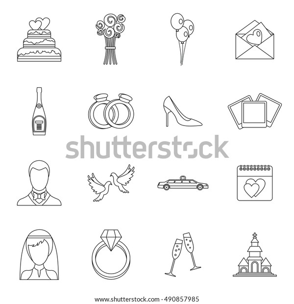 Wedding icons set in outline style. Marriage\
set collection \
illustration