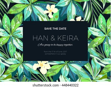 Wedding invitation and card design with exotic tropical flowers and leaves, illustration - Shutterstock ID 448440322