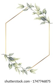 Wedding Invitation Card With Greenery Branch Leaf And Gold Frame In Minimalist Style