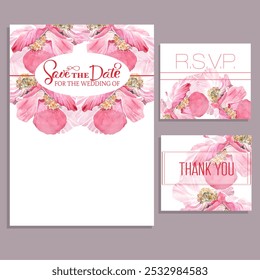 wedding invitation card with pink poppies bloom, RSVP, thank you card - Powered by Shutterstock