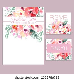 wedding invitation card with pink watercolor abstraction flowers, RSVP, thank you card - Powered by Shutterstock