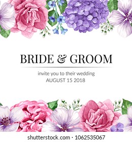 Wedding Invitation card with seamless flower border in watercolor style on white background. Template for greeting card. Editable elements. Art raster illustration.