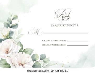 Wedding invitation card  template. Watercolor white roses, eucalyptus and greenery. Luxury design for decorative greeting card, cover, birthday party. - Powered by Shutterstock