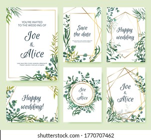 Wedding invitation frames. Floral elegant invite card, floral leaf frames templates. Modern spring gold frames illustration set. Invitation wedding botanical card, square frame banner - Powered by Shutterstock