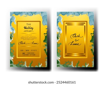 Wedding invitation with gold background and blue and green watercolor border - Powered by Shutterstock