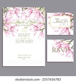 wedding invitation with magnolia flowers watercolor, rsvp card, thank you card - Powered by Shutterstock