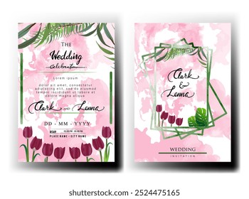 Wedding invitation with pink watercolor background and tulip flower theme. With leaf decoration. - Powered by Shutterstock