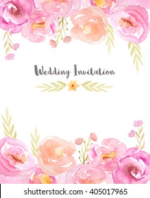 Wedding invitation template with hand painted watercolor flowers and branches in pink and yellow colors. Decorative floral background perfect for card making, wedding invitation and DIY project