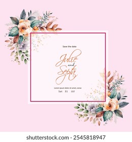 Wedding invitation template set with purple floral and leaves decoration - Powered by Shutterstock