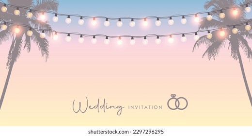 wedding invitation tropical design with palm tree and fairy lights - Powered by Shutterstock