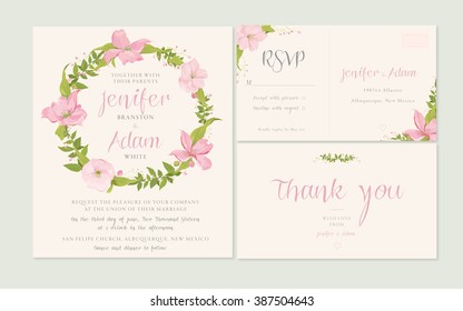 Wedding invitation with a wreath of delicate flowers. - Powered by Shutterstock