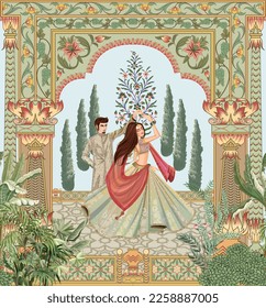 Wedding night couple dance in Indian Mughal garden  palace theme illustration