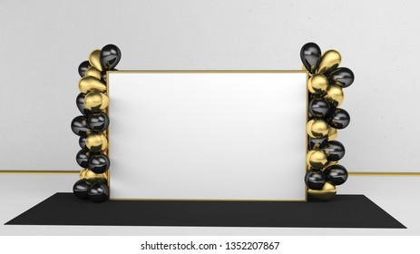 Wedding Party Backdrop Banner 2x3 Meters With Black And Golden Balloons. Pop Up Template. 3d Render Mockup For Your Design