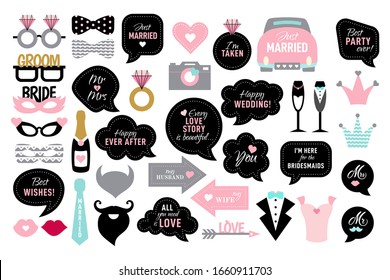 Wedding photo booth props. Bride and groom party. Photobooth set - lips, glasses, bow, arrow, ring, cake, heart. Black and pink speech bubble with quotes for marriage.  - Powered by Shutterstock