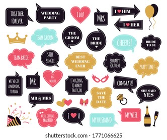 Wedding photobooth props. Bride and groom party speech bubble, marriage quotes for wedding celebration, funny wedding phrases  symbols set. Photo decoration wedding speech bubble illustration - Powered by Shutterstock