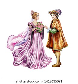 Wedding Of The Prince And Princess, Happy End Of A Fairy Tale, Isolated Characters On A White Background