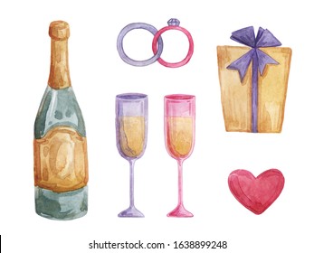 Wedding Reception, Champagne, Glasses, Rings For Newlyweds, Heart, Love, And Gifts. Watercolor Illustration Wedding Accessories. Holiday Decoration.
