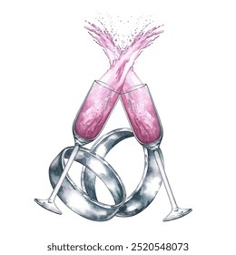 Wedding rings and champagne in glasses. Wedding composition. Handmade watercolor illustrations. For greeting and invitation cards, banners, flyers and posters, packaging, labels. - Powered by Shutterstock