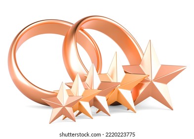 Wedding Rings With Five Golden Stars. 3D Rendering Isolated On White Background