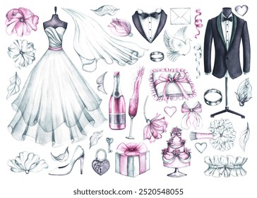 Wedding set of clip art. The bride's dress, the veil and the groom's tuxedo and many other wedding attributes. Handmade watercolor illustration. For greeting and invitation cards, banners, flyers. - Powered by Shutterstock