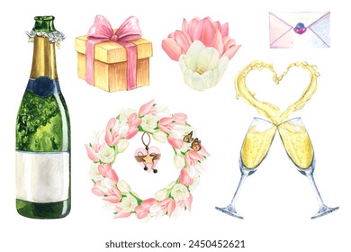 Wedding set watercolor drawing love. Champagne glass heart bottle wreath. Tulips box invitation. Golden sparkling party valentine greeting card. Couple festival holiday. Isolated on white background - Powered by Shutterstock