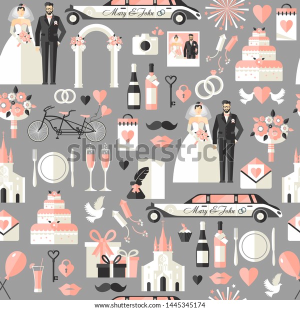 Wedding\
symbols set seamless surface pattern on\
grey.